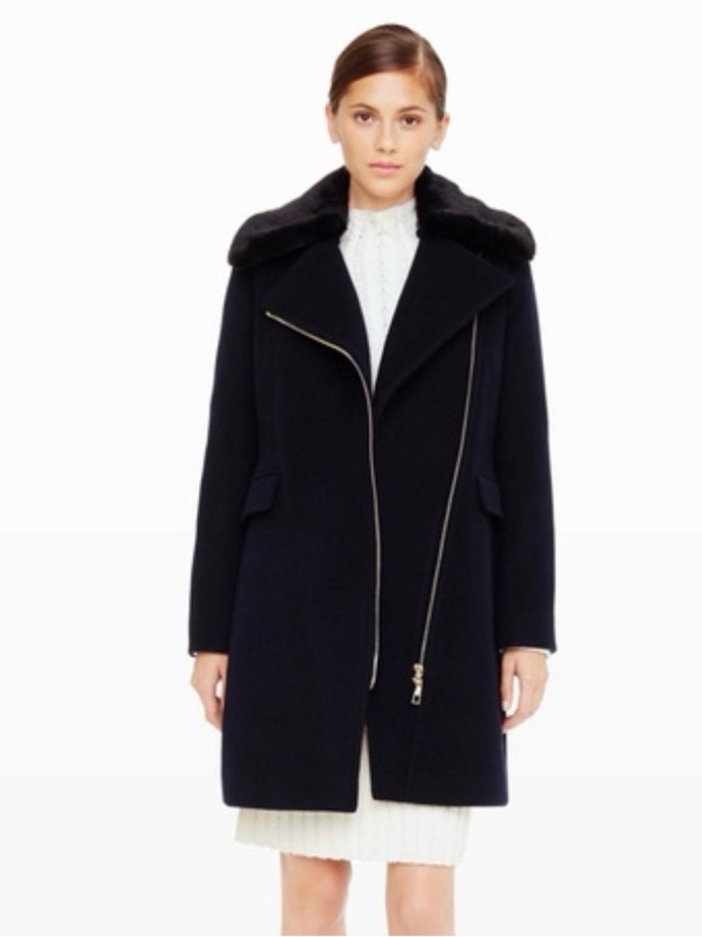 Club Monaco Josette Wool Blend Coat Removable Faux Fur Collar Navy Medium
